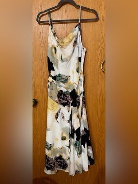 Lulu's White Abstract Cowl Slip Midi Dress with Green & Black Accents